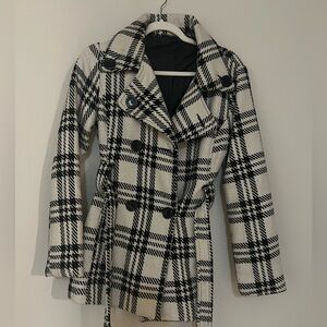 White and Black Plaid Belted Pea Coat Jacket